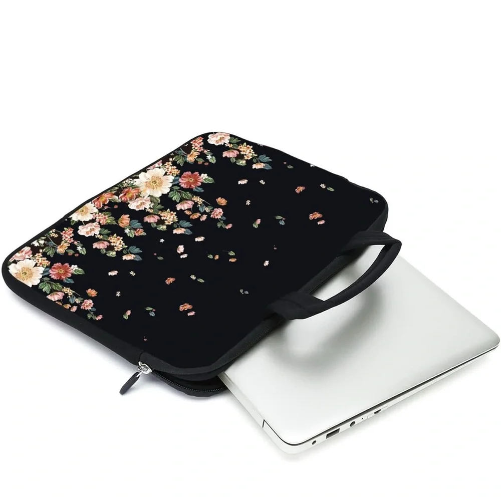 Floral Black Neoprene Laptop Sleeve Bag 15.6
